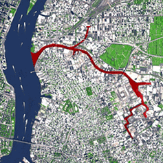 Aerial photo of Newtown Creek, which flows between Brooklyn and Queens into the East River. NASA